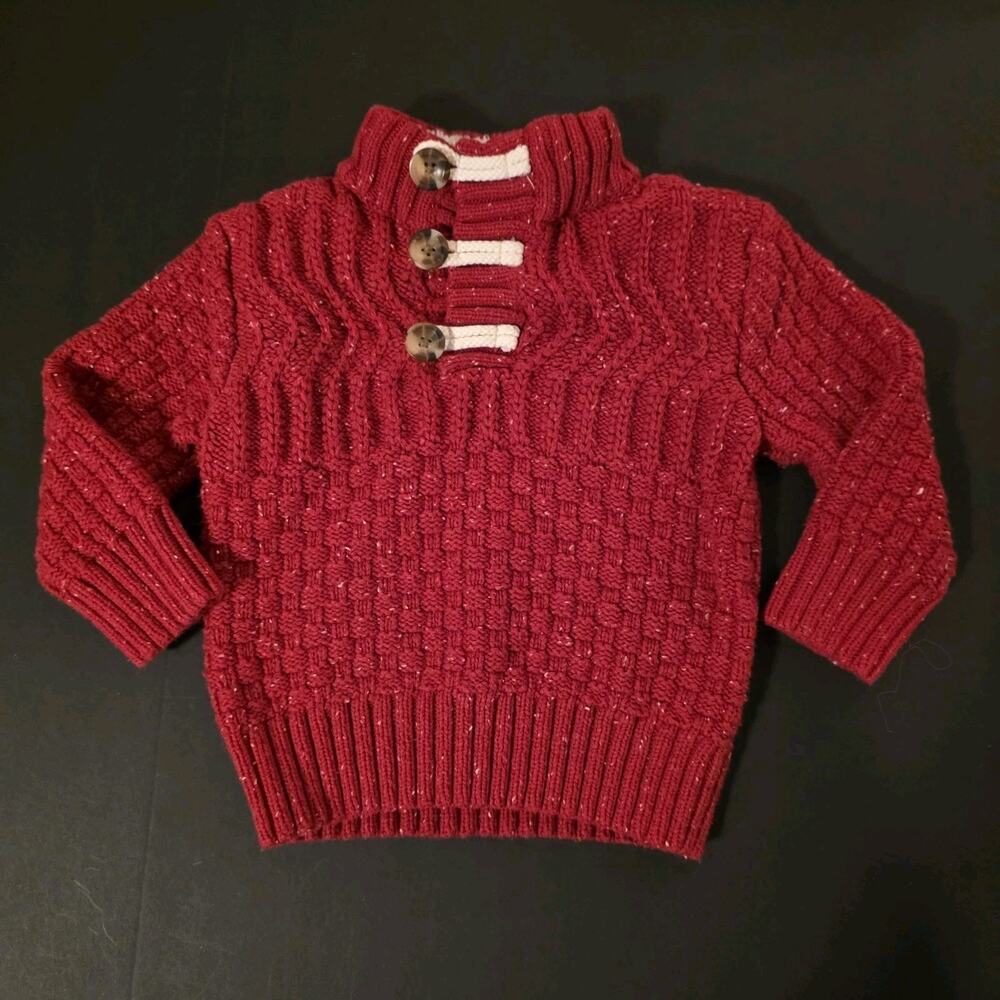 Cat & Jack Red Fisherman Knit Sweater 18M Button Fleece Mock Collar Cozy Toddler